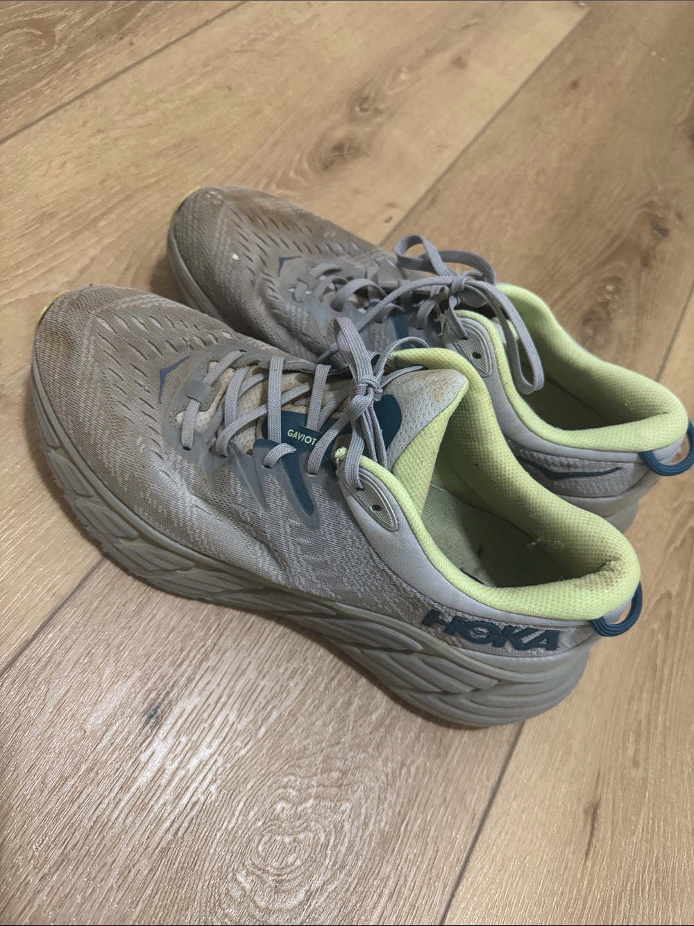 Hoka Running Shoes in Light Gray with Lime Accents - Picture 2 of 9